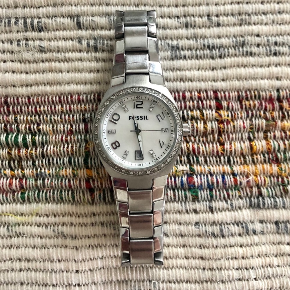 Fossil Watch; Silver with Diamond Accents